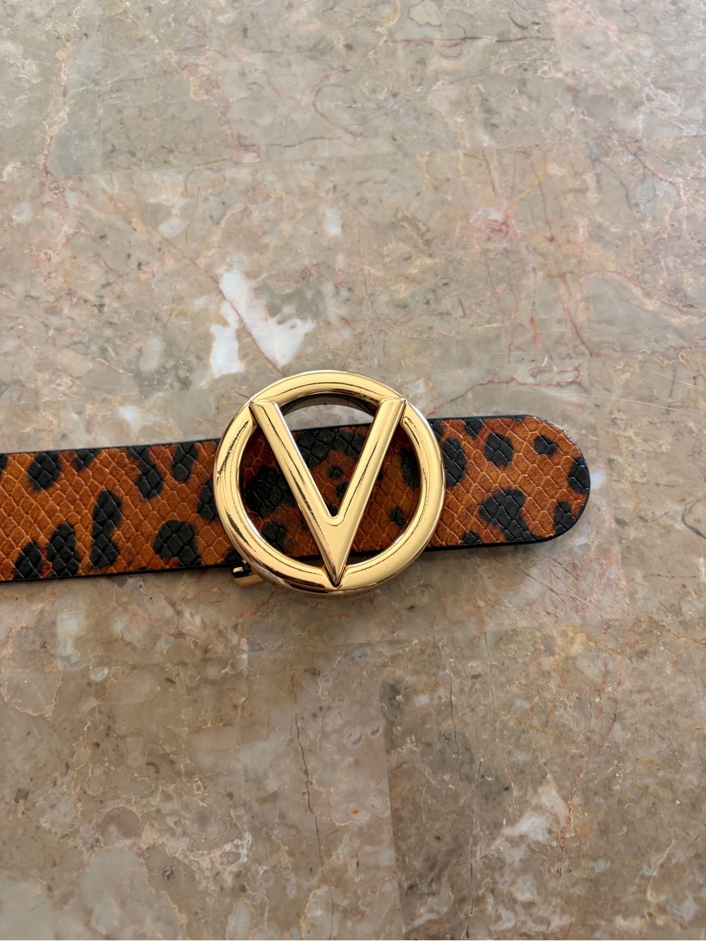 Valentino Brown and Black Leopard Print Leather Belt with Gold V Buckle